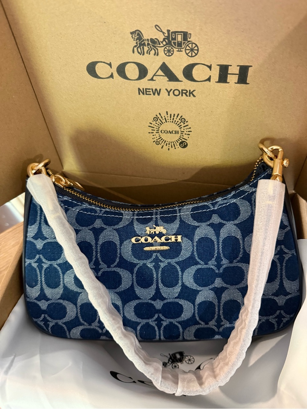 Coach Navy Signature Jacquard Mini Shoulder Bag with Gold Hardware
